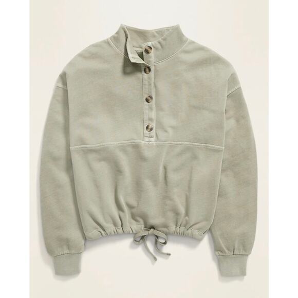 Old Navy Tops - Old Navy Garment-Dyed Mock Neck Henley Sweatshirt Green Crop Drawstring Women S